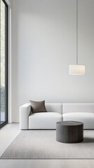Modern living room with a white sofa, circular table, and large window in minimalist design