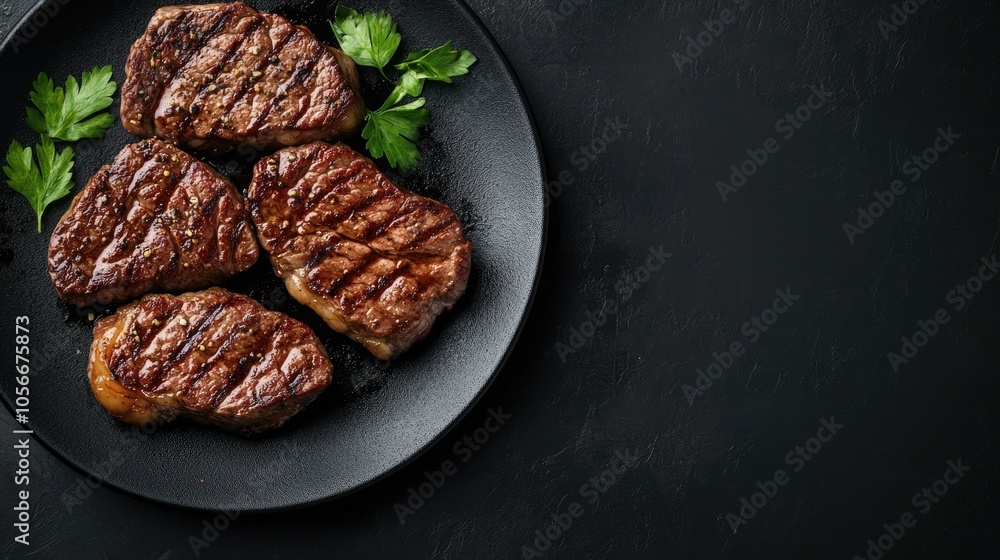 Poster spiced pan fried steaks displayed on a dark background captured from an overhead angle with ample sp