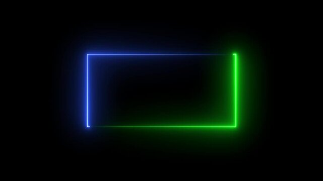 Neon rectangle frame. Abstract blue and green neon glowing line frame, abstract Glowing Neon light frame rectangle loading icon, animation on black background. Neon box animated, 
