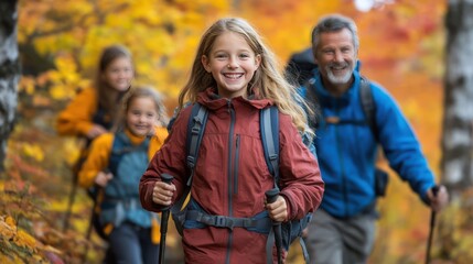 Families going on hikes or taking nature walks, surrounded by fall foliage