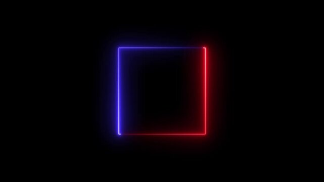 Glowing neon square frame animation. luminous banner animation. red and blue color neon box icon. Neon Figure On Black Background. 