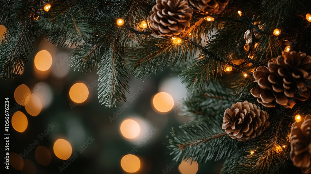 Poster festive backdrop featuring fir branches pine cones and string lights