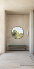 Modern entryway with a round mirror and view of outdoor greenery during daylight