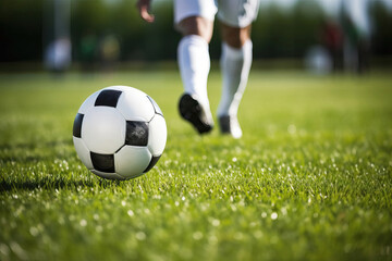 Obraz premium Sporty Legs of Athlete with Soccer Ball on Green Grass