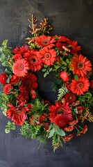 Heartfelt Memorial Day decoration adorned with a wreath of poppy flowers and chrysanthemums, expressing gratitude and reverence.