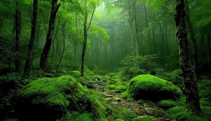 Fototapeta premium Green Forest Path with Mossy Rocks and Sunlight Filtering Through Trees