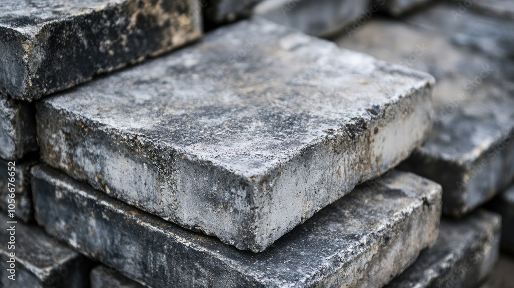 Poster close up view of a stack of aged concrete stone blocks suitable for pavement construction