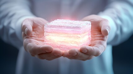 Exploring the ethereal beauty of a glowing ice cube held in hands merging artistry and science in a captivating visual experience