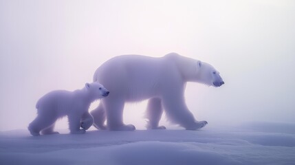 Fototapeta premium Polar Bear Mother and Cub Walking in Icy Landscape Under Soft Illumination - A Captivating Family Moment