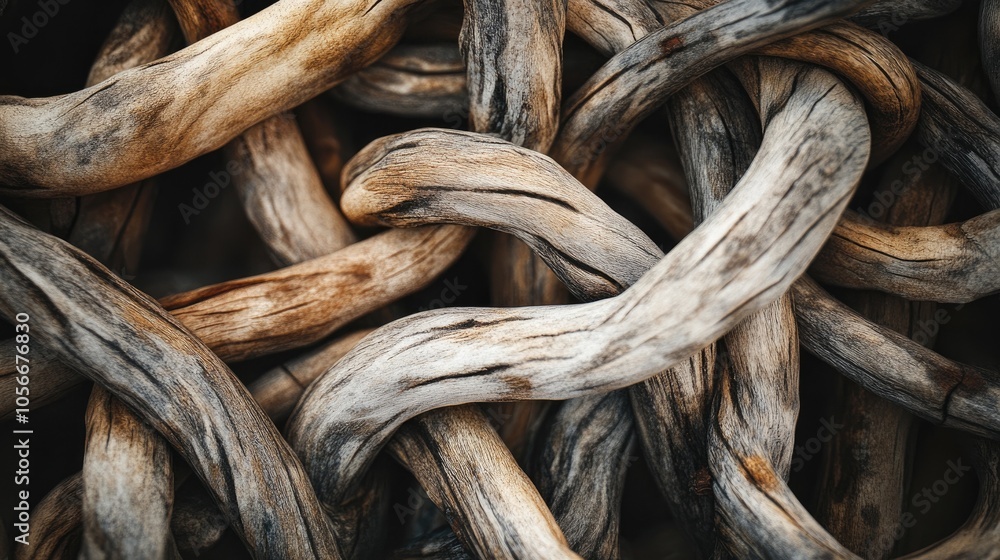 Poster abstract representation of intertwined wooden branches showcasing intricate forms and textures