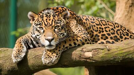 Naklejka premium Majestic Jaguar Resting on Tree Branch in Dappled Sunlight - Ultra-Detailed Wildlife Portrait