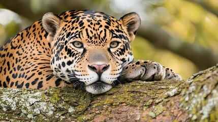 Obraz premium Majestic Jaguar Resting on Tree Branch in Dappled Sunlight - Ultra-Detailed Wildlife Portrait