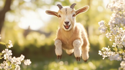 Playful Baby Goat Enjoying Nature's Joy - Ultra-Detailed Close-up Portrait of a Joyful Kid Jumping in a Meadow with Blossoms
