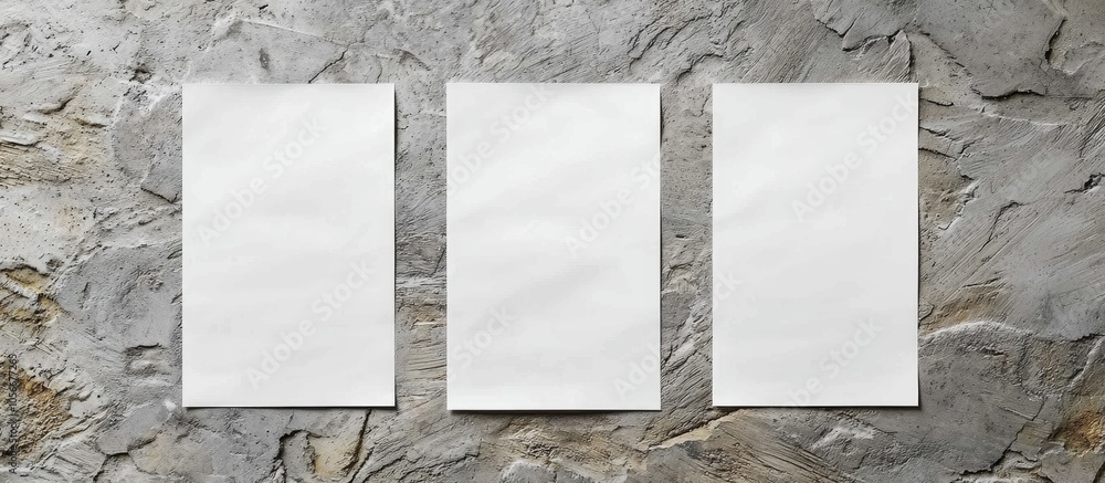 Aufkleber blank three sheet paper on light grey stone background in top view of mock up for design