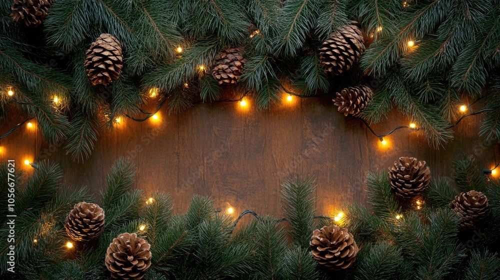 Poster festive backdrop featuring fir branches pine cones and string lights