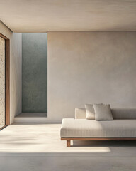 Modern minimalist living room with soft lighting and simple furnishings in a serene setting