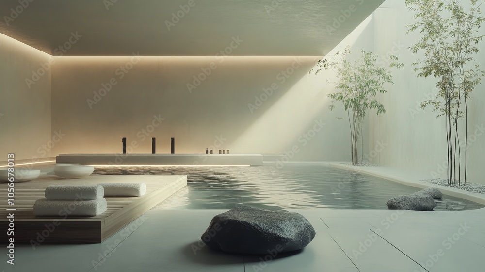 Aufkleber a small pool with a stone wall and a few trees in the background. the pool is surrounded by a wooden