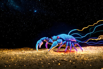 A mesmerizing neon light trail recreation portraying a hermit crab scuttling along a sandy beach in the darkness of night.