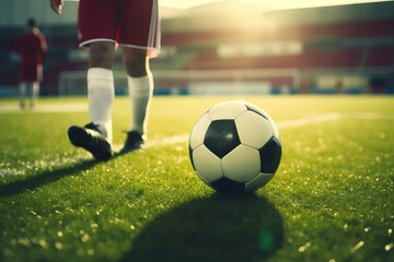 Sporty Legs of Athlete with Soccer Ball on Green Grass