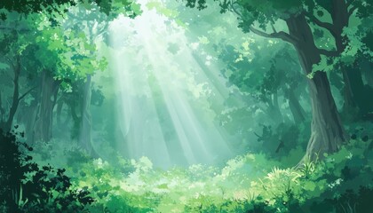 Obraz premium Sunlight Filtering Through Lush Forest Canopy, Tranquil Green Nature, Peaceful Serenity