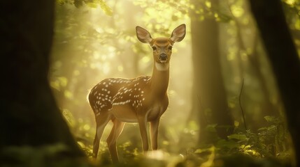 Majestic Deer in Sunlit Forest - Tranquil Wildlife Portrait with Enchanting Atmosphere and Ultra-Detailed Beauty