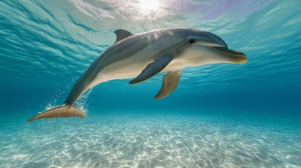 Obraz premium Majestic Dolphin Leaping with Energy in Sunlit Ocean Waters - Portrait of Joyful Marine Life Exploration