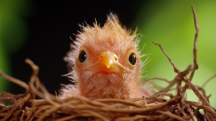 Obraz premium Innocence Unveiled: Whimsical Close-Up of Baby Bird Peeking from Nest with Ultra-Detailed Feathers and Bright Eyes