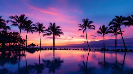 Obraz premium Tropical resort with sunset near beach. 