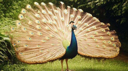Obraz premium Majestic Peacock Displaying Vibrant Feathers in Lush Garden Setting Emphasizing Beauty and Grace