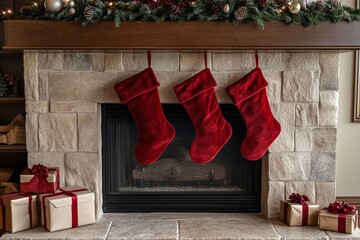 Festive stuffed Christmas stockings hanging on a stone fireplace, surrounded by gift boxes and decorations against a beige wall backdrop.