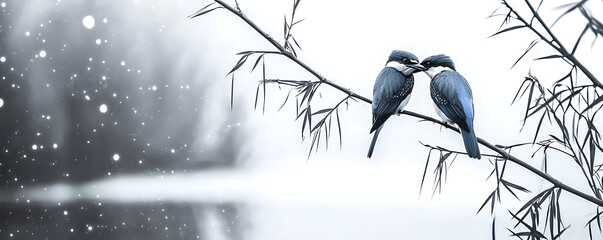 A minimalist illustration of two kingfishers perched on a branch, rendered in monochrome with striking blue accents, conveying simplicity and elegance in nature-inspired art.