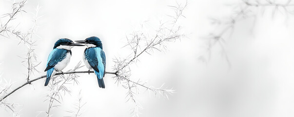 A minimalist illustration of two kingfishers perched on a branch, rendered in monochrome with striking blue accents, conveying simplicity and elegance in nature-inspired art.