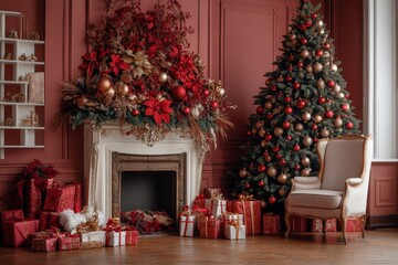 Charming Christmas tree adorned with red and gold ornaments, surrounded by presents in a stylish living room with pink walls and a cozy vintage armchair.