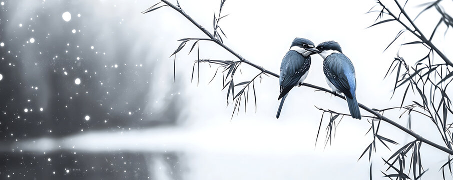 A minimalist illustration of two kingfishers perched on a branch, rendered in monochrome with striking blue accents, conveying simplicity and elegance in nature-inspired art.