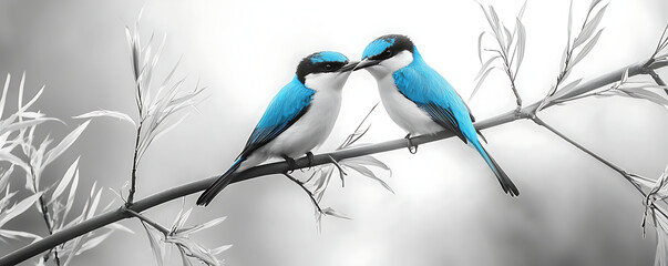 A minimalist illustration of two kingfishers perched on a branch, rendered in monochrome with striking blue accents, conveying simplicity and elegance in nature-inspired art.