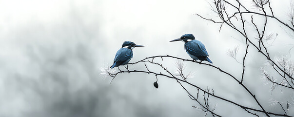 A minimalist illustration of two kingfishers perched on a branch, rendered in monochrome with striking blue accents, conveying simplicity and elegance in nature-inspired art.