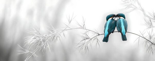 A minimalist illustration of two kingfishers perched on a branch, rendered in monochrome with striking blue accents, conveying simplicity and elegance in nature-inspired art.
