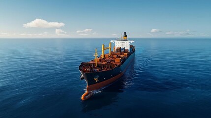 Obraz premium Cargo ship navigating through a calm sea, global shipping route, bright and sunny day, pristine blue water, structured composition, beautiful ocean backdrop
