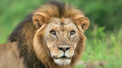 Obraz premium Majestic Close-up Portrait of Lion with Intense Gaze and Intricate Mane Details