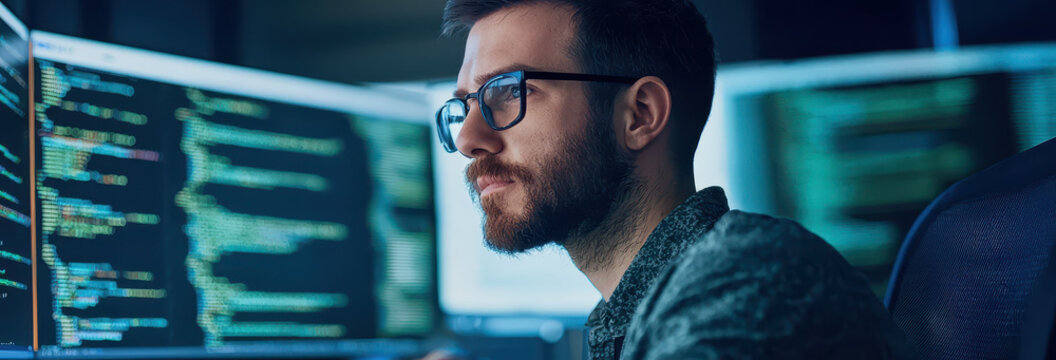 focused man working on coding with multiple screens displaying code. His concentration reflects complexity of programming