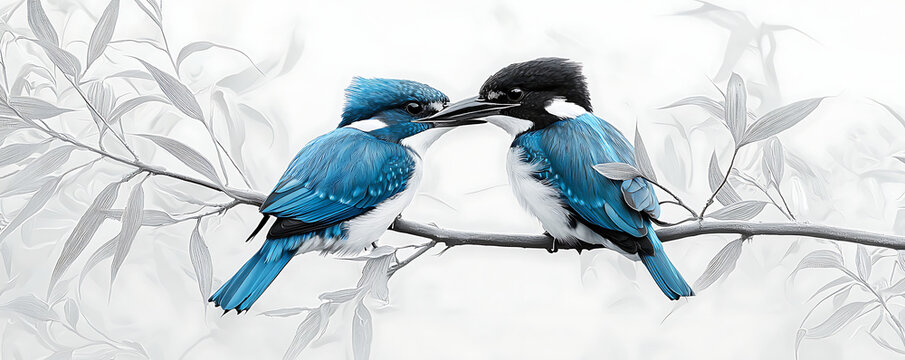 A minimalist illustration of two kingfishers perched on a branch, rendered in monochrome with striking blue accents, conveying simplicity and elegance in nature-inspired art.