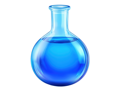 Blue laboratory flask filled with liquid, isolated on white background.