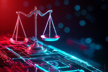 Scales of justice hovering above a digital courtroom floor with neon-red and electric-blue accents