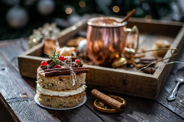 Christmas cake with beverage and decoration