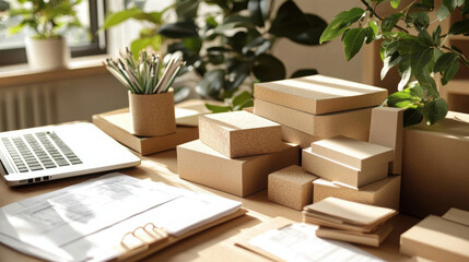 Eco friendly materials stacked on wooden desk, surrounded by plants and stationery, create serene workspace. natural textures and colors promote sustainability and creativity