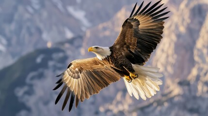 Obraz premium Majestic Eagle Soaring Above Mountain Range, Embodying Freedom and Power in Nature