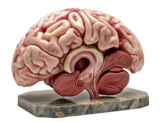Realistic human brain model in detailed anatomy, white isolated background.