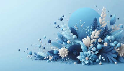 Elegant blue floral arrangement with abstract leaves and petals on a soft background