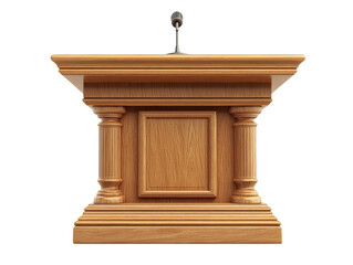 Wooden podium with microphone, white isolate background.