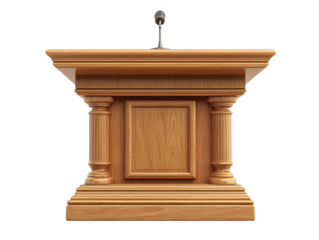 Wooden podium with microphone, white isolate background.